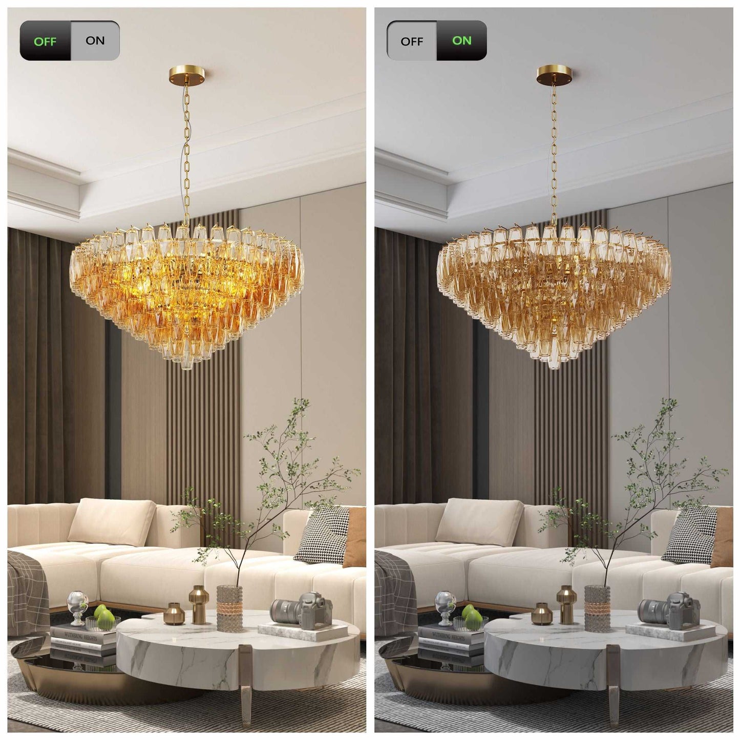 37" Extra Large Chandelier, 14-Light Gold Modern Round Chandelier for Living Room, Tiered Smoke Blown Glass Brass Chandeliers, Hanging Light Fixture for Bedroom, Dining Room, Foyer, Entryway - luxuryhomedecoridea.com