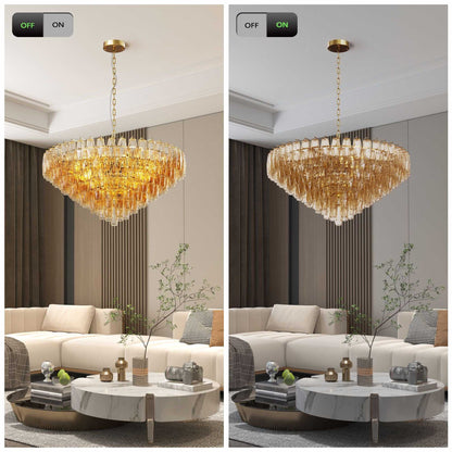 37" Extra Large Chandelier, 14-Light Gold Modern Round Chandelier for Living Room, Tiered Smoke Blown Glass Brass Chandeliers, Hanging Light Fixture for Bedroom, Dining Room, Foyer, Entryway - luxuryhomedecoridea.com