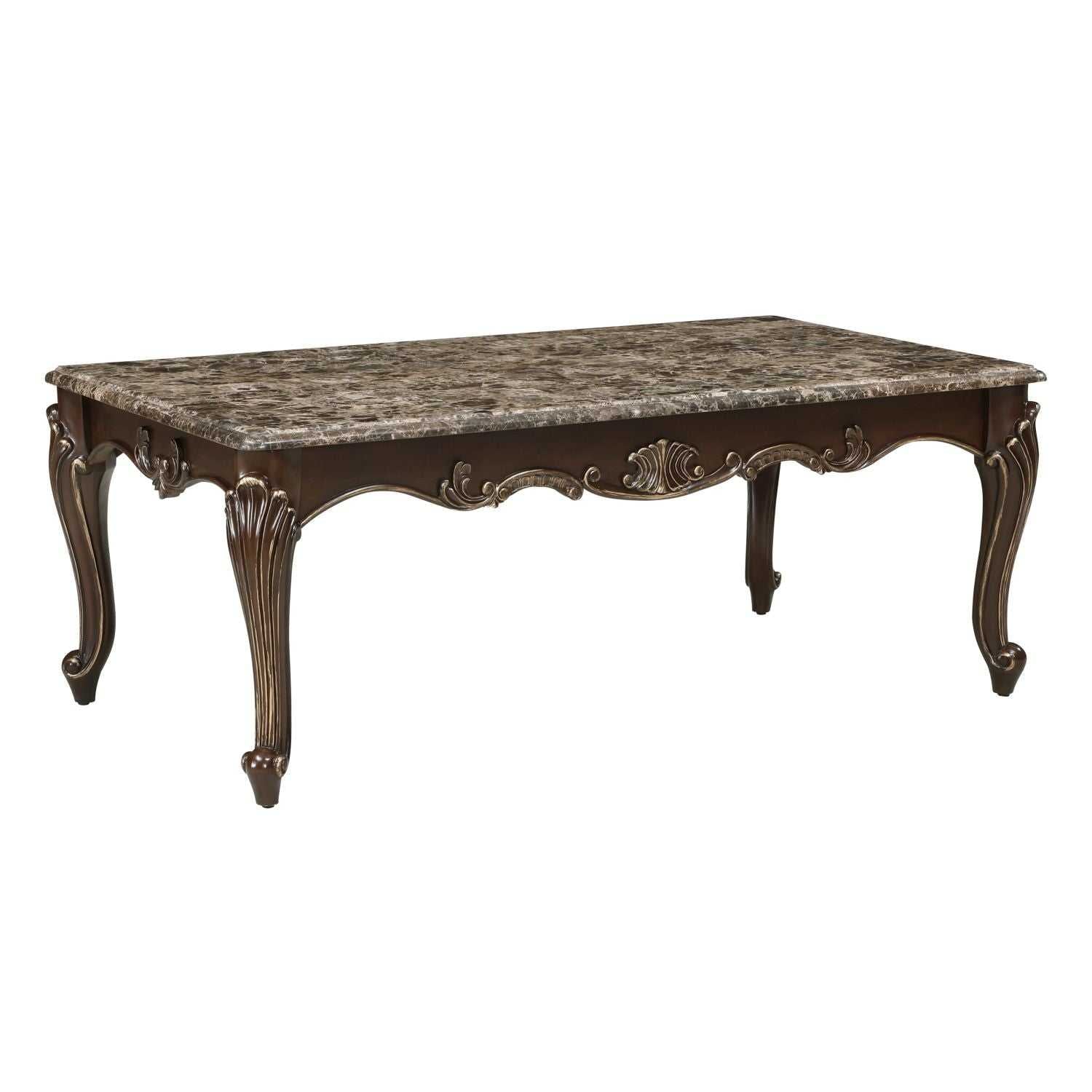 Formal Traditional Luxury 1pc Marble Top Cocktail Table Cherry Finish with Gold Tipping Living Room Furniture - luxuryhomedecoridea.com