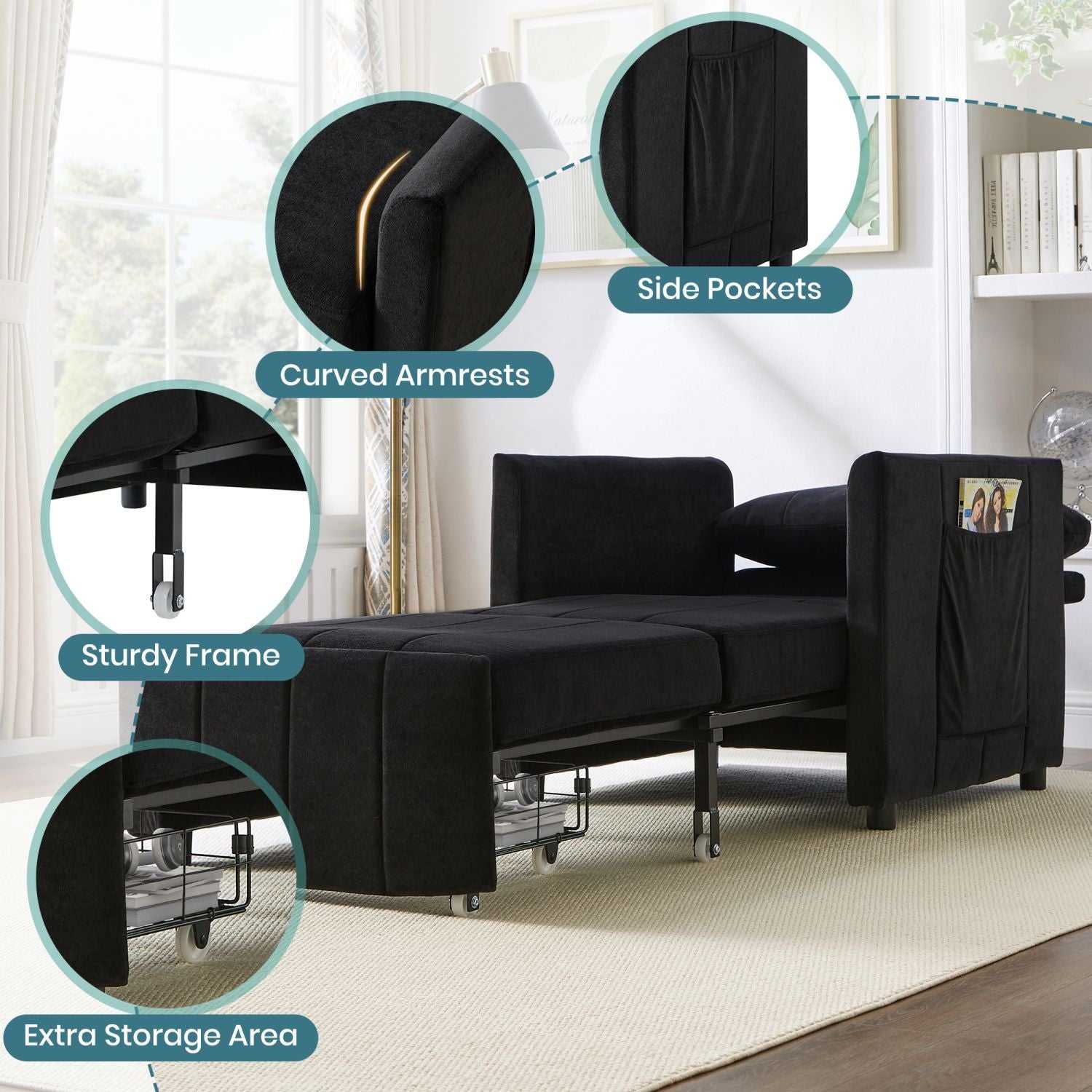 Upholstered Convertible Sleeper Sofa, 31.5" Pull Out Sofa Bed with 5-Position Adjustable Backrest, Side Pockets and a Storage Basket, Fold Out Chair Bed, Lounger For Living Room, Apartment, Black - luxuryhomedecoridea.com