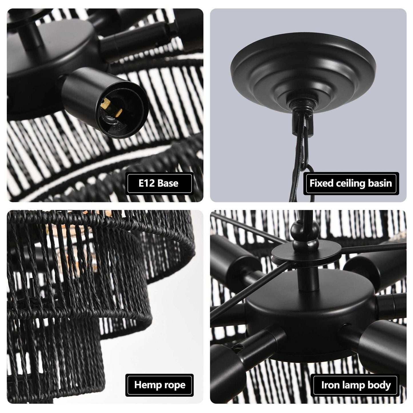 24" Rustic 5-Tier Black Hemp Rope Pendant Light Chandelier with 8 E12 Sockets, Boho Farmhouse Ceiling Fixture for Dining Room, Kitchen, or Entryway (Bulb Not Included) - luxuryhomedecoridea.com