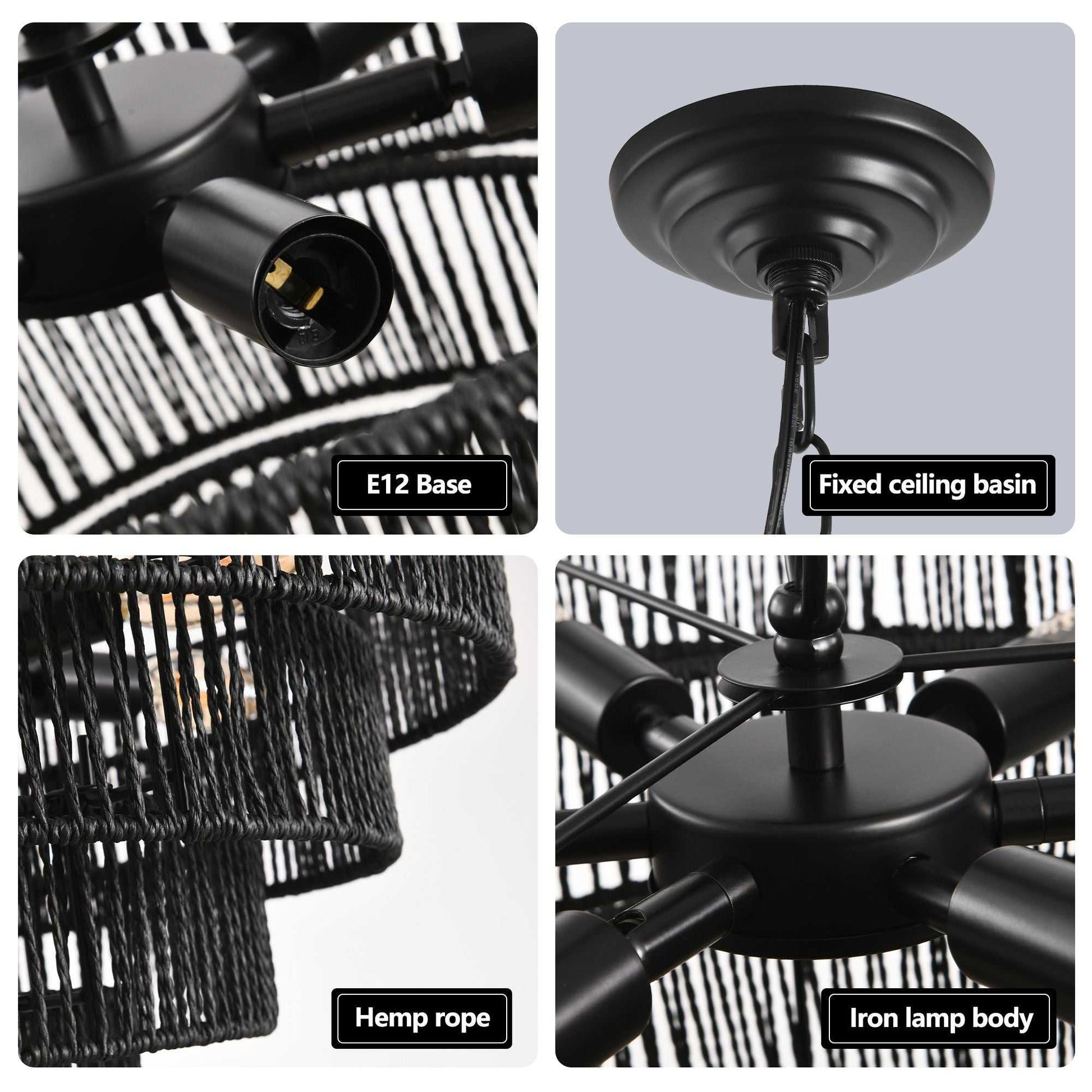 24" Rustic 5-Tier Black Hemp Rope Pendant Light Chandelier with 8 E12 Sockets, Boho Farmhouse Ceiling Fixture for Dining Room, Kitchen, or Entryway (Bulb Not Included) - luxuryhomedecoridea.com