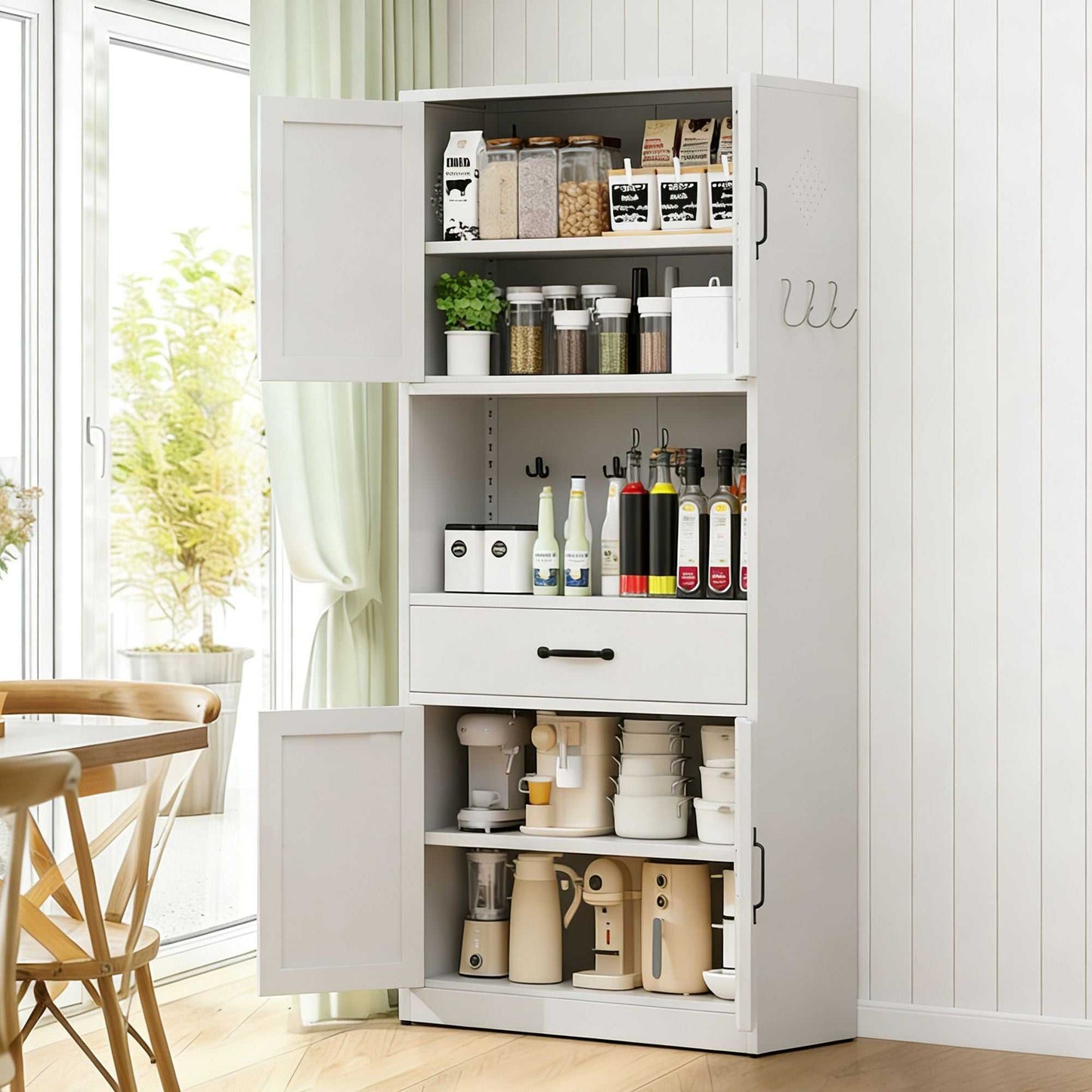 71 "High White Steel Kitchen Pantry Storage Cabinet with Large Countertop, Adjustable Shelves, Drawers and Hooks, Heavy-duty Modern Style Cabinet - luxuryhomedecoridea.com