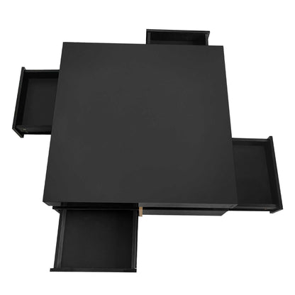 ON-TREND Modern High Gloss Coffee Table with 4 Drawers, Multi-Storage Square Cocktail Tea Table with Wood Grain Legs, Center Table for Living Room, 31.5''x31.5'', Black - luxuryhomedecoridea.com