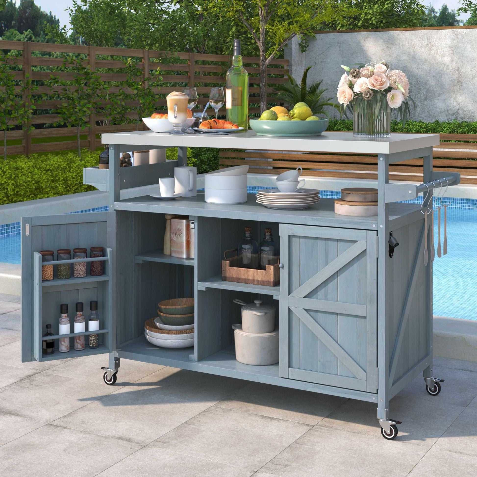 K&K Outdoor Kitchen Island, Rolling Bar Cart & Storage Cabinet, Farmhouse Solid Wood Outdoor Grill Table with Stainless Steel Top, Spice Rack , Towel Rack for Kitchen & BBQ , Grey Blue - luxuryhomedecoridea.com