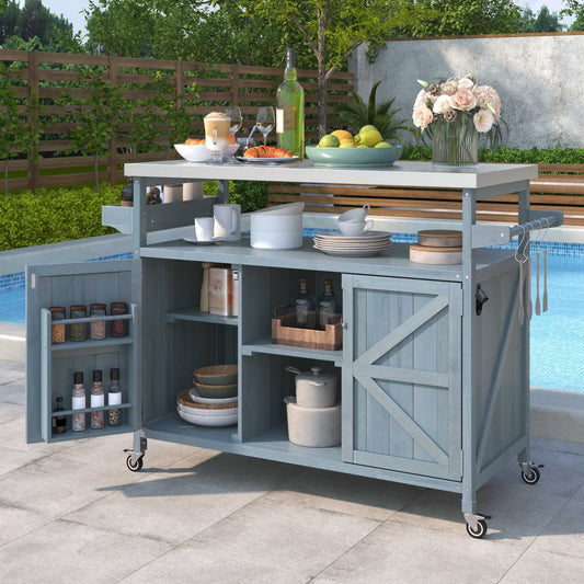 K&K Outdoor Kitchen Island, Rolling Bar Cart & Storage Cabinet, Farmhouse Solid Wood Outdoor Grill Table with Stainless Steel Top, Spice Rack , Towel Rack for Kitchen & BBQ , Grey Blue - luxuryhomedecoridea.com