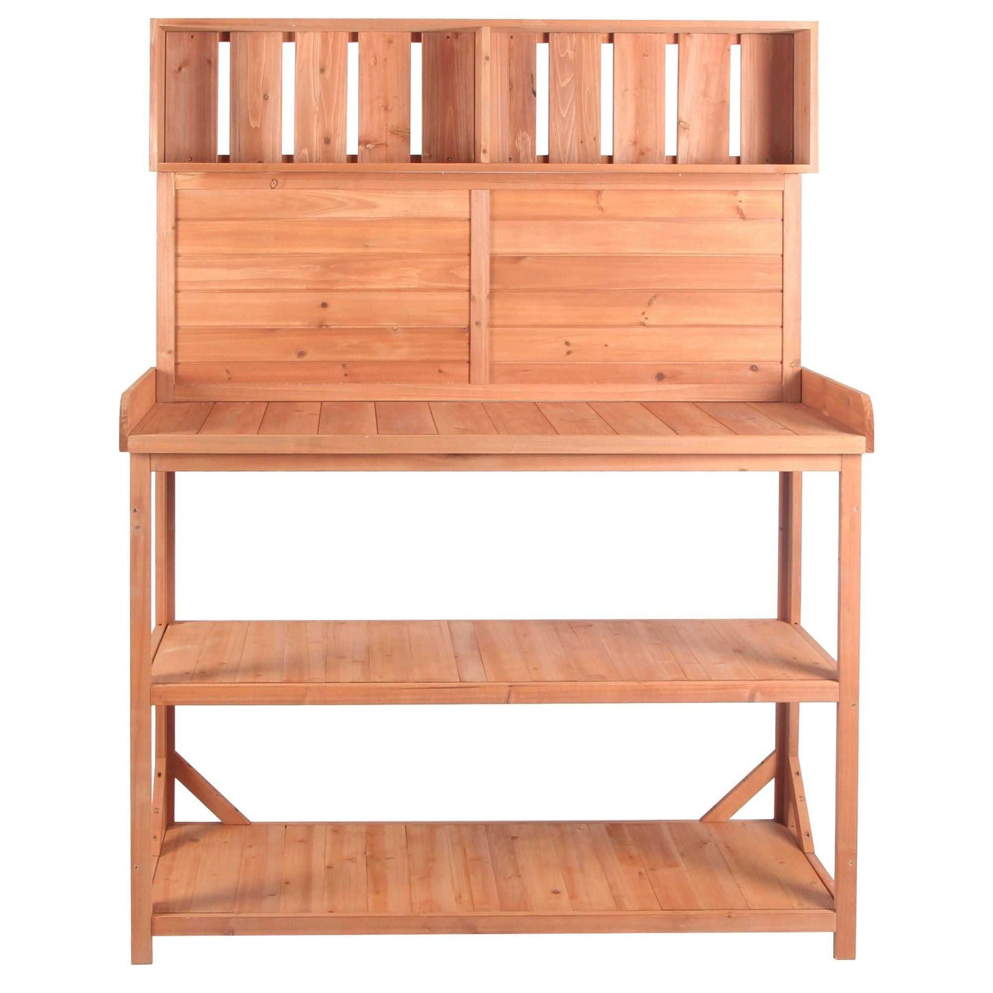 65" Large Wooden Farmhouse Rustic Outdoor Potting Bench Table; Patio Workstation; Garden Potting Bench with 4 Storage Shelves and Side Hook - luxuryhomedecoridea.com