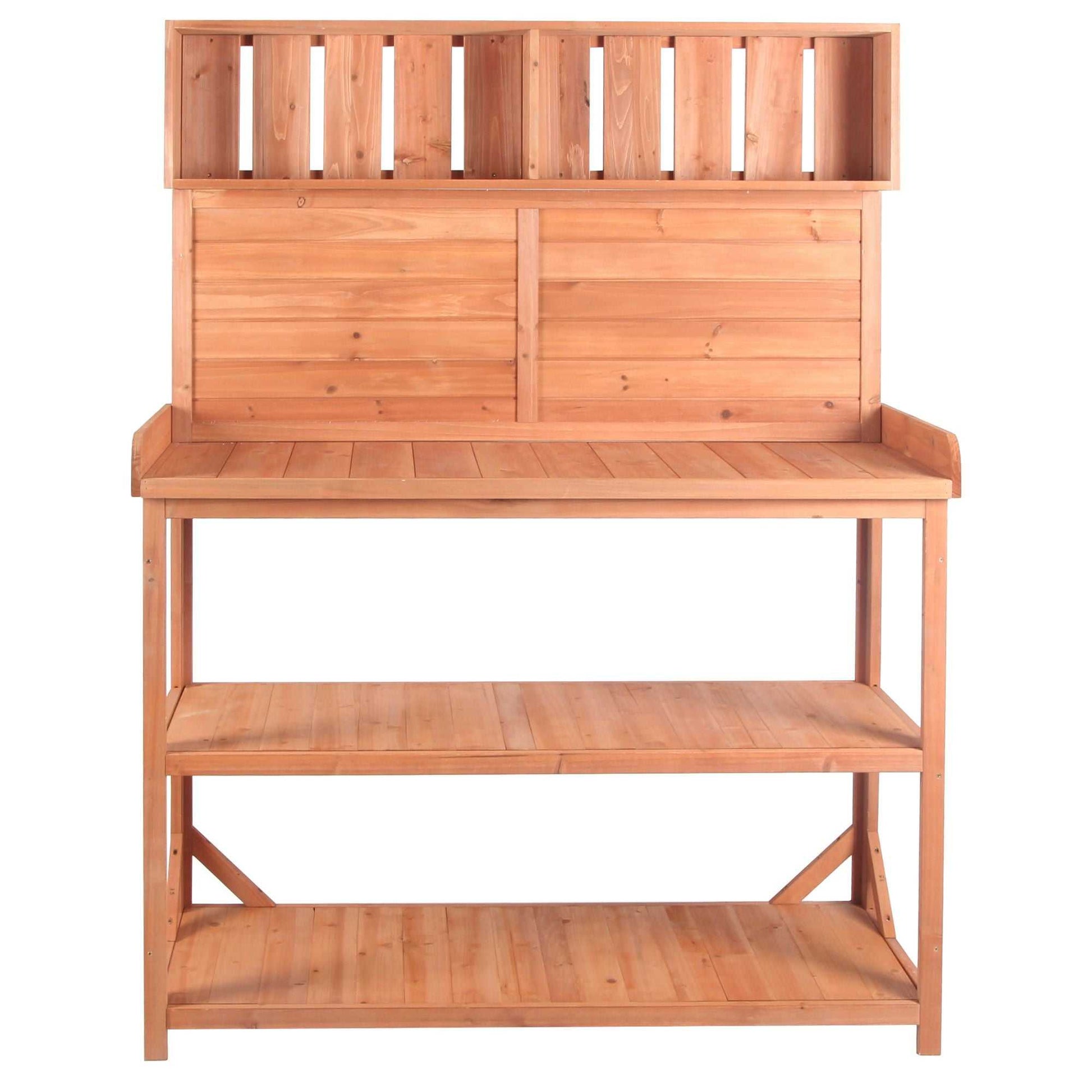 65" Large Wooden Farmhouse Rustic Outdoor Potting Bench Table; Patio Workstation; Garden Potting Bench with 4 Storage Shelves and Side Hook - luxuryhomedecoridea.com