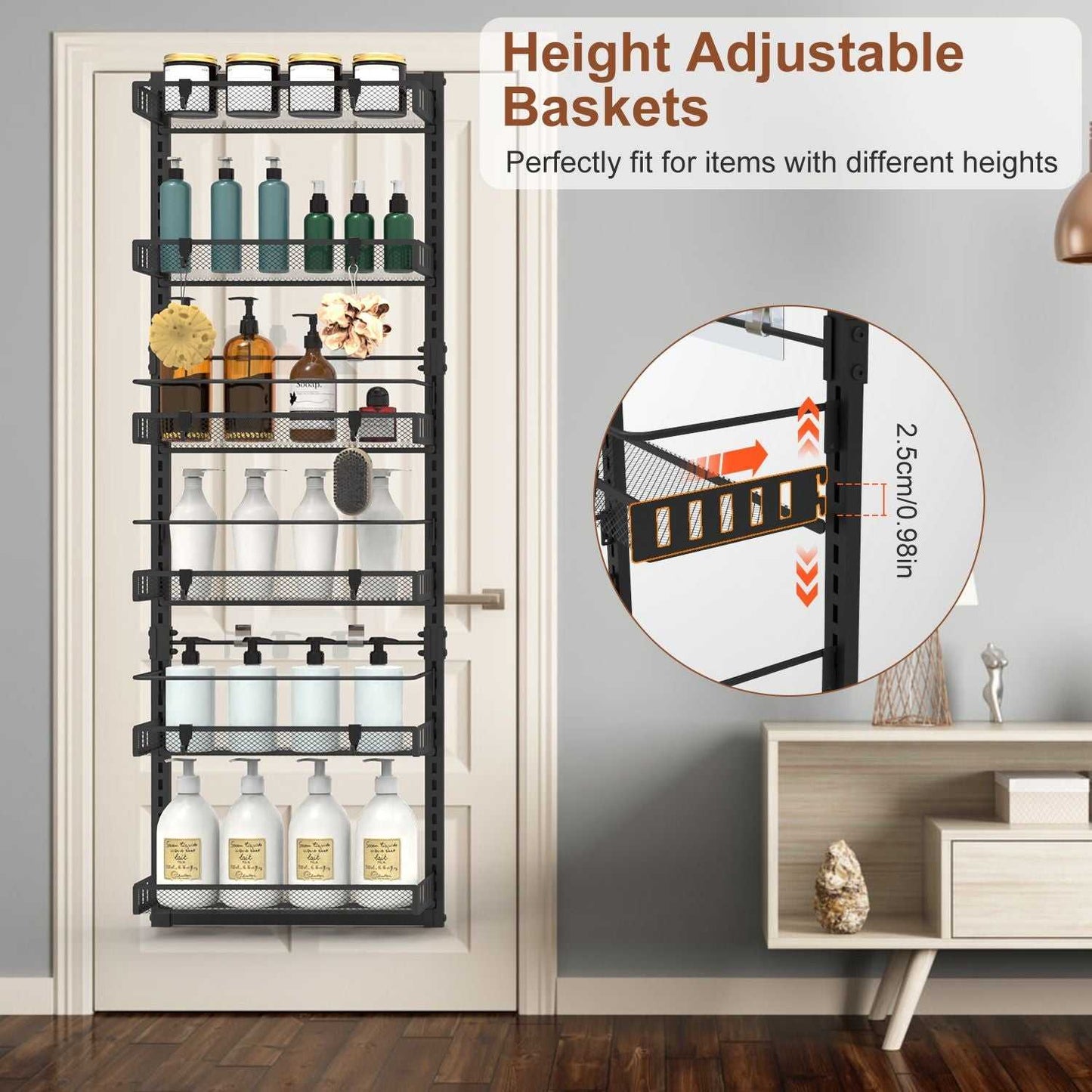 10LBS Loading 6-Tier Over the Door Pantry Organizer, Large Metal Door Spice Rack, Hanging Heavy-Duty Pantry Door Storage Shelf Easy Install Behind Door Storagefor Kitchen and Bathroom, Black - luxuryhomedecoridea.com