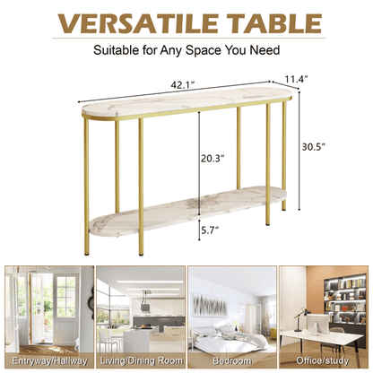 2-Tier Oval Console Table, White Faux Marble Top with Gold Metal Frame, Modern Entryway Table with Open Shelf, 42.1"×11.4"×30.5" Narrow Sofa Table for Hallway, Living Room & Foyer - luxuryhomedecoridea.com