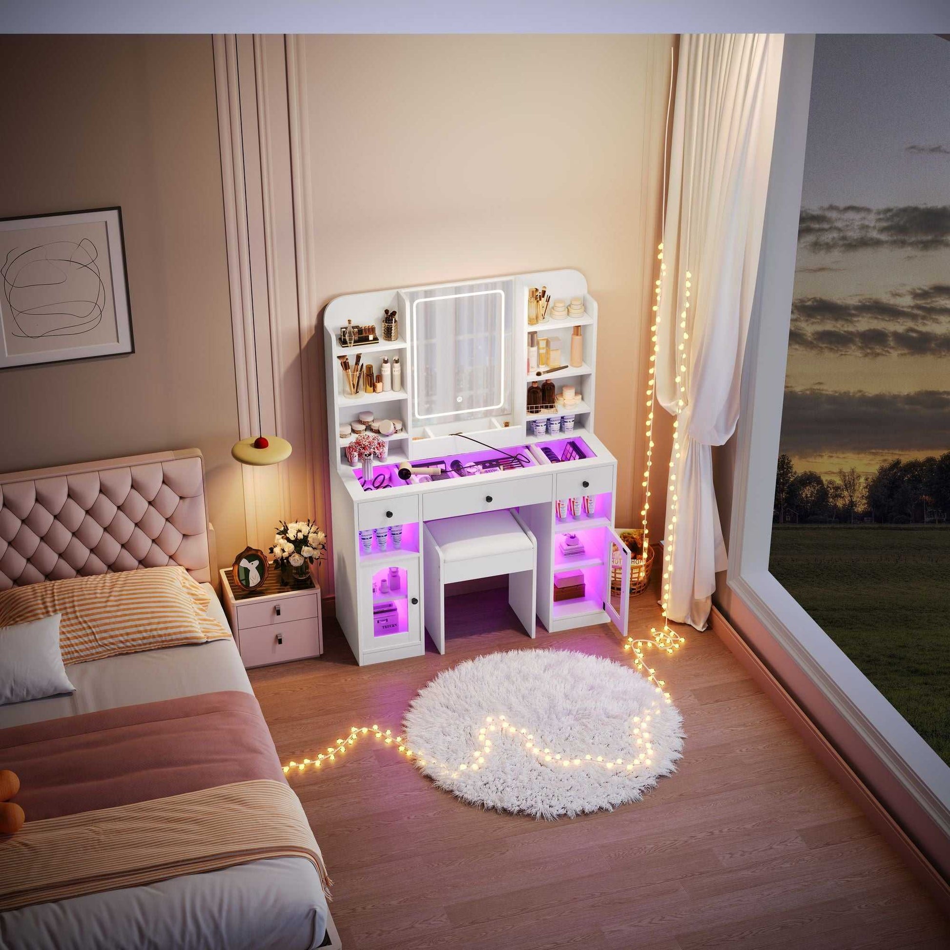 43.2" Vanity Desk with LED Mirror and Lights, Glass Top Vanity with RGB Glass Light Cabinets, Dressing Table with 3 Drawers ,Storage Shelves and Stool for Bedroom - luxuryhomedecoridea.com
