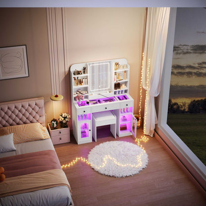 43.2" Vanity Desk with LED Mirror and Lights, Glass Top Vanity with RGB Glass Light Cabinets, Dressing Table with 3 Drawers ,Storage Shelves and Stool for Bedroom - luxuryhomedecoridea.com