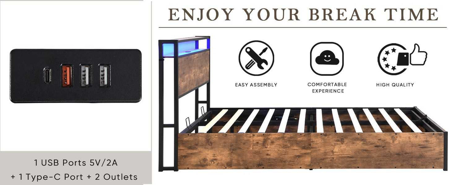 Lift-up Storage Bed Frame, Full Size Bed Frame with Bookcase Headboard & LED Lights, Wooden Platform Bed Frame with Charging Station, No Spring Box Needed, Rustic Brown - luxuryhomedecoridea.com