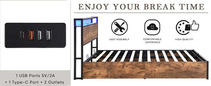 Lift-up Storage Bed Frame, Full Size Bed Frame with Bookcase Headboard & LED Lights, Wooden Platform Bed Frame with Charging Station, No Spring Box Needed, Rustic Brown - luxuryhomedecoridea.com