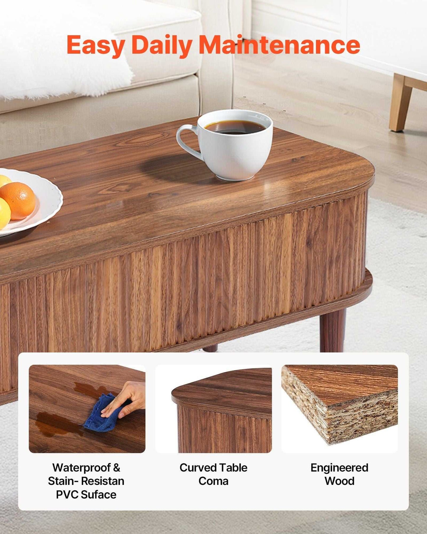 39.4 in Lift Top Coffee Table, Fluted Oval Coffee Table with 3 Hidden Compartment, Mid Century Wooden Oval Center Desk with Storage, Lift Up Tabletop for Home & Office, Easy Assembly, Walnut - luxuryhomedecoridea.com
