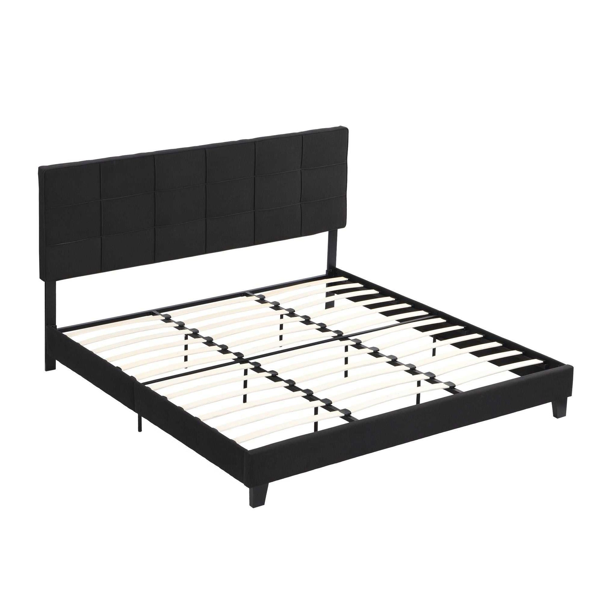 King Size Upholstered Platform Bed Frame with Linen Fabric Headboard, No Box Spring Needed, Wood Slat Support, Easy Assembly, BLACK - luxuryhomedecoridea.com