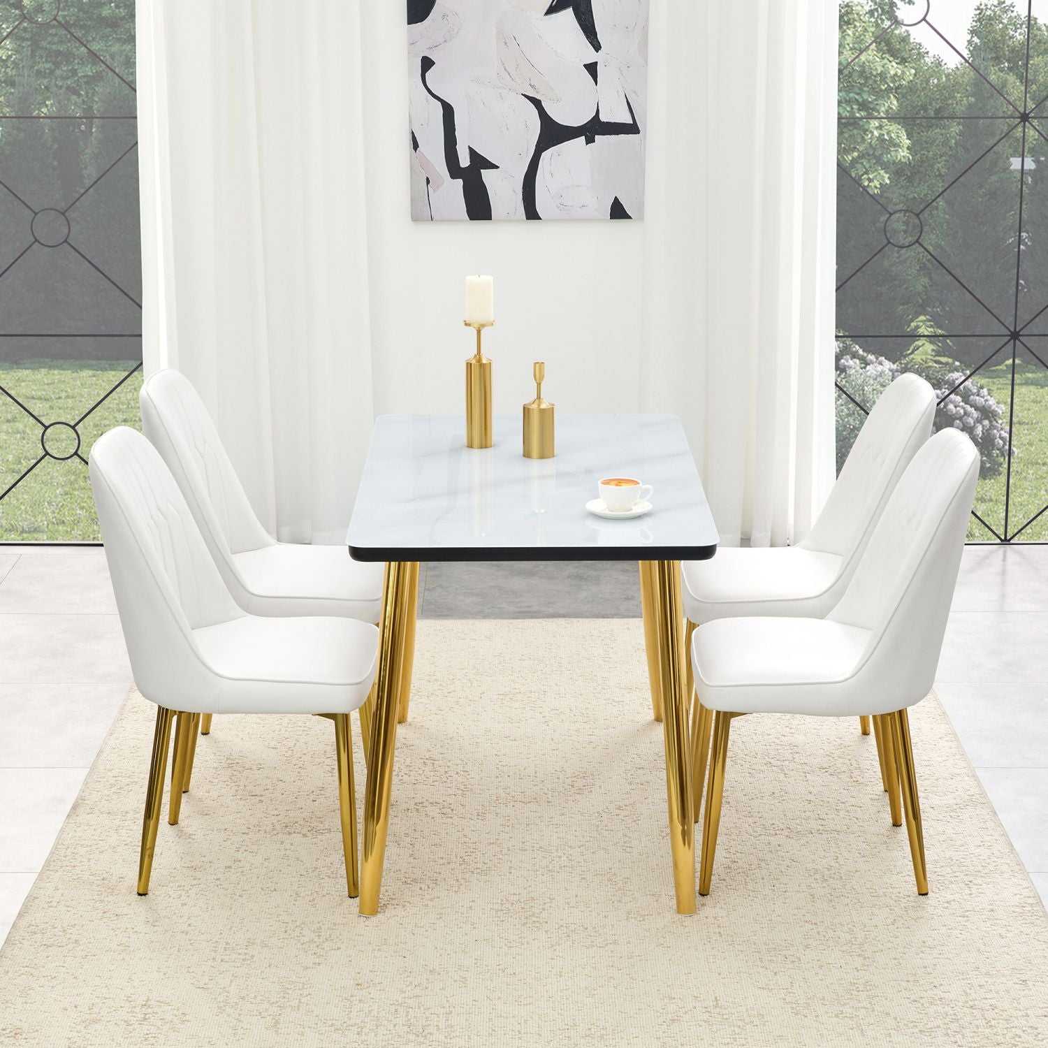 Table and chair set.Table and chair set.White imitation marble texture glass top + lower black MDF board,silver metal legs.Paired with 4 WHITE chairs with PU artificial leather backrest cushions. - luxuryhomedecoridea.com