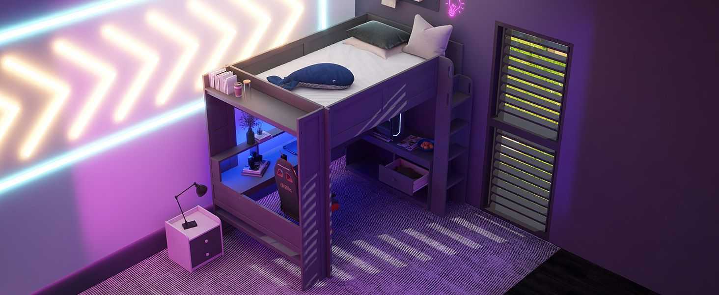 Wood Full Size Gaming Loft Bed with Desk, Multi-storage Shelves, LED and Charging Station, Dark Gray(Old SKU:SM000374AAE) - luxuryhomedecoridea.com