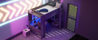 Wood Full Size Gaming Loft Bed with Desk, Multi-storage Shelves, LED and Charging Station, Dark Gray(Old SKU:SM000374AAE) - luxuryhomedecoridea.com