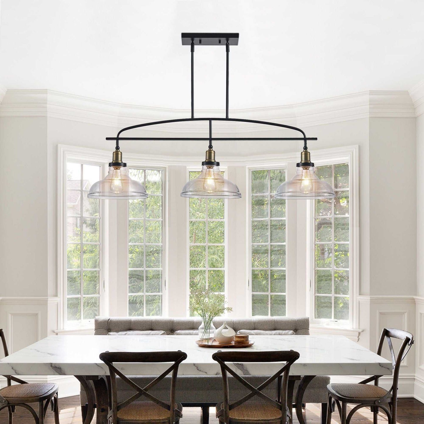45" Industrial 3-Light Pendant Chandelier with Clear Glass Shades, Black Metal Frame, Adjustable Height, Modern Farmhouse Lighting for Kitchen Island, Dining Room, or Living Room (Bulb Not Included) - luxuryhomedecoridea.com