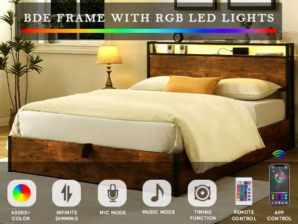 Lift-up Storage Bed Frame, Full Size Bed Frame with Bookcase Headboard & LED Lights, Wooden Platform Bed Frame with Charging Station, No Spring Box Needed, Rustic Brown - luxuryhomedecoridea.com