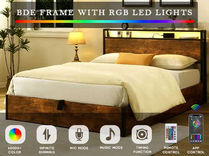 Lift-up Storage Bed Frame, Full Size Bed Frame with Bookcase Headboard & LED Lights, Wooden Platform Bed Frame with Charging Station, No Spring Box Needed, Rustic Brown - luxuryhomedecoridea.com
