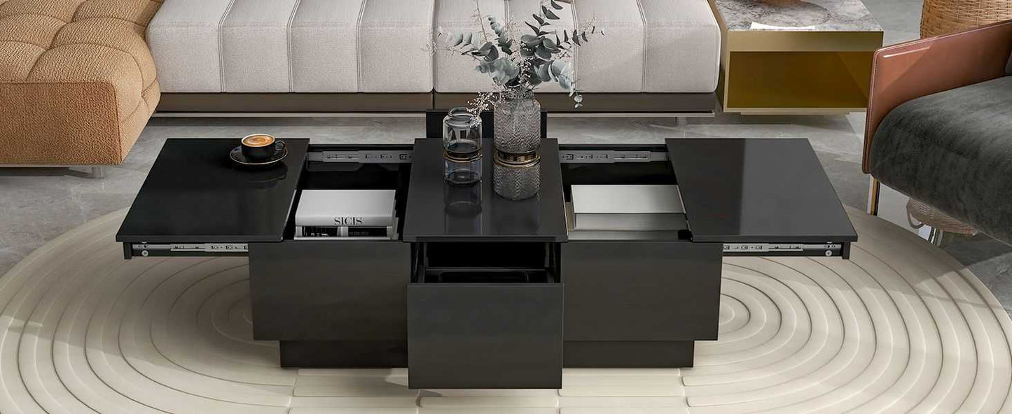Coffee Table with 2 large Hidden Storage Compartment, Extendable Cocktail Table with 2 Drawers, High-gloss Center Table with Sliding Top for Living Room, 39.3"x21.6", Black - luxuryhomedecoridea.com