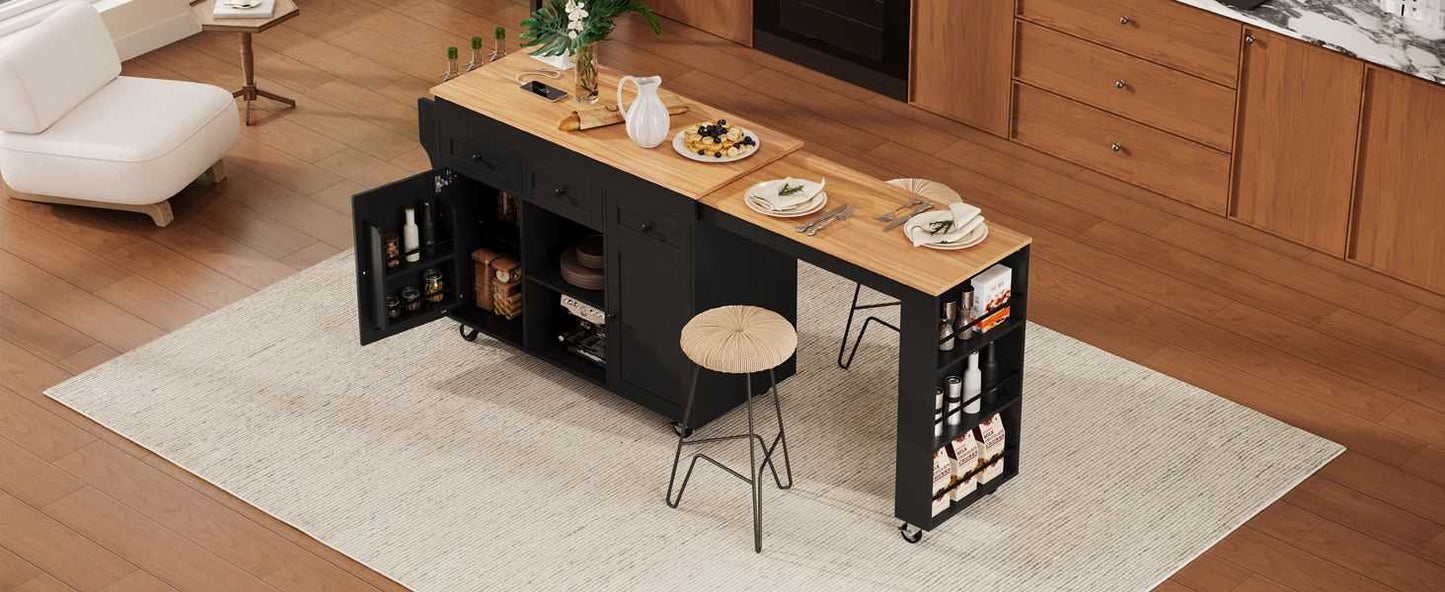 K&K 85.5" Kitchen Island with Extendable Dining Table, Kitchen Storage Table with 3 Side Open Shelves, Rolling Kitchen Island with Power Outlet, 3 Drawers, 2 Doors, for Kitchen, Dining Room, Black - luxuryhomedecoridea.com