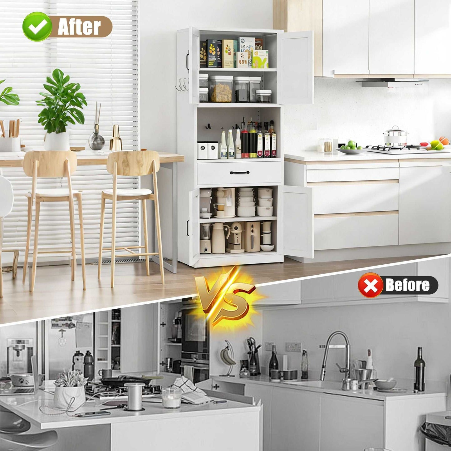 71 "High White Steel Kitchen Pantry Storage Cabinet with Large Countertop, Adjustable Shelves, Drawers and Hooks, Heavy-duty Modern Style Cabinet - luxuryhomedecoridea.com