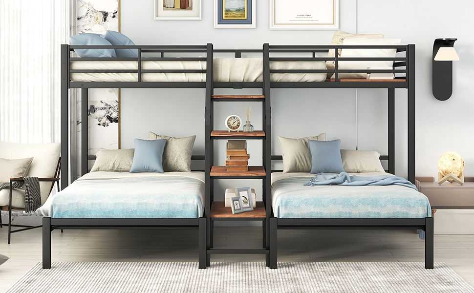 Metal Twin over Twin & Twin Bunk Bed, Triple Bunk Bed with Storage Shelves Staircase, Black - luxuryhomedecoridea.com