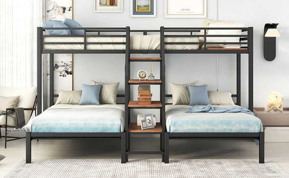 Metal Twin over Twin & Twin Bunk Bed, Triple Bunk Bed with Storage Shelves Staircase, Black - luxuryhomedecoridea.com