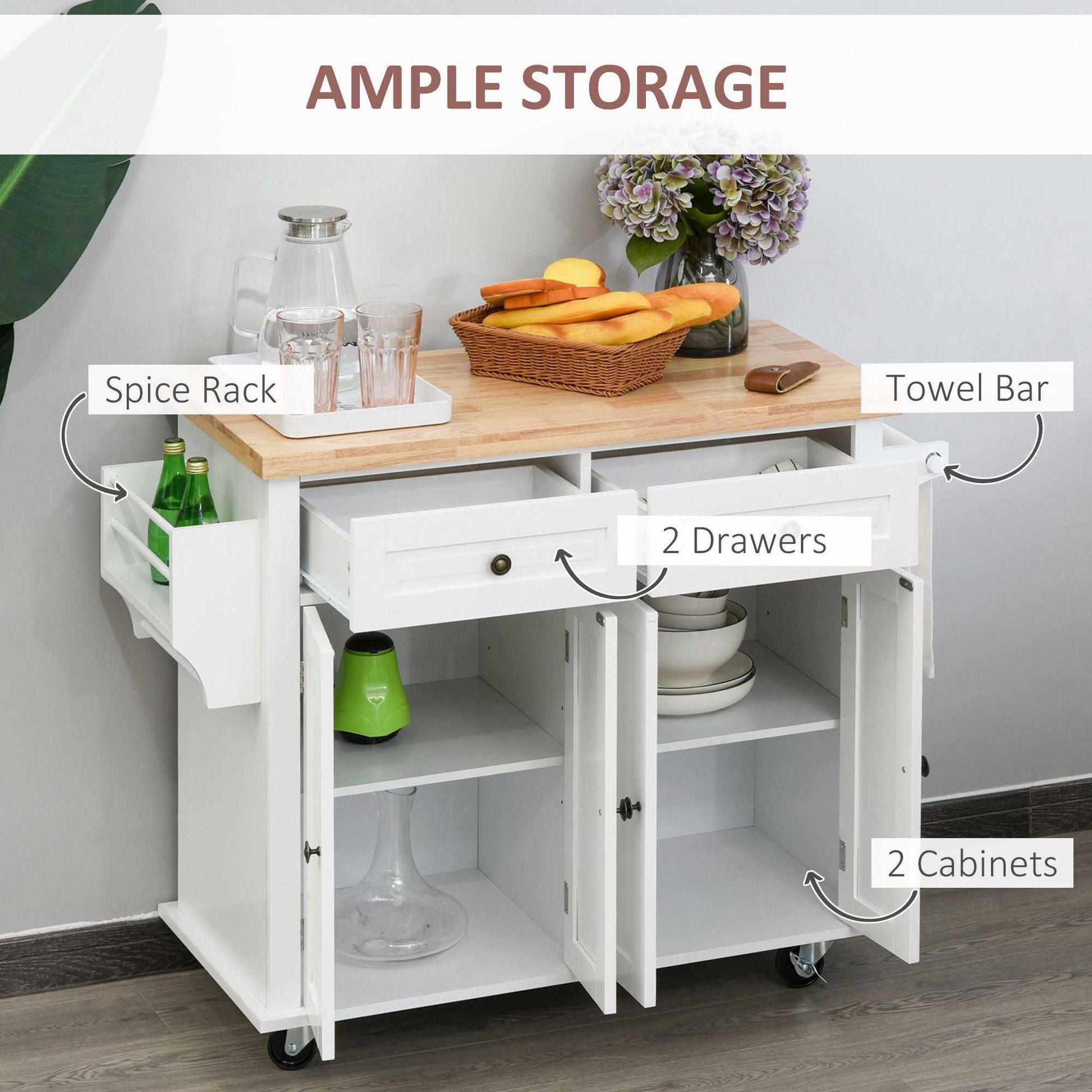 Rolling Kitchen Cart, White, Wood Top, Spice/Towel Rack, Storage Drawers, Movable Dining Room Trolley - luxuryhomedecoridea.com