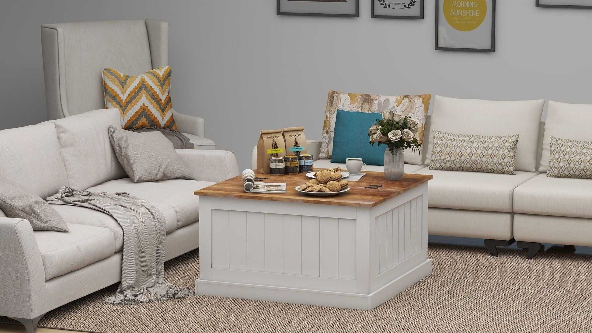 31.5" Farmhouse Coffee Table, Square Wood Center Table with Hinged Lift Top, Rustic Cocktail Table with Large Hidden Storage Compartmen for Living Room-White - luxuryhomedecoridea.com
