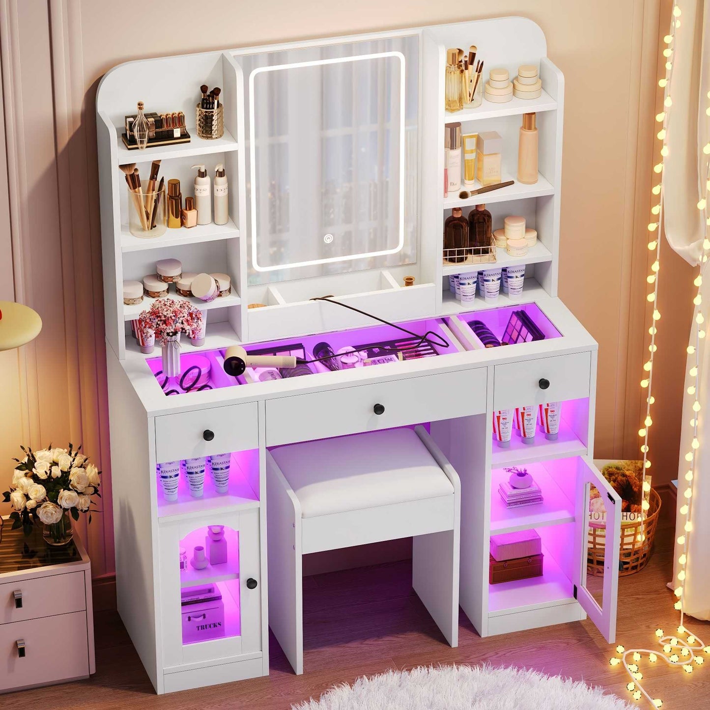 43.2" Vanity Desk with LED Mirror and Lights, Glass Top Vanity with RGB Glass Light Cabinets, Dressing Table with 3 Drawers ,Storage Shelves and Stool for Bedroom - luxuryhomedecoridea.com
