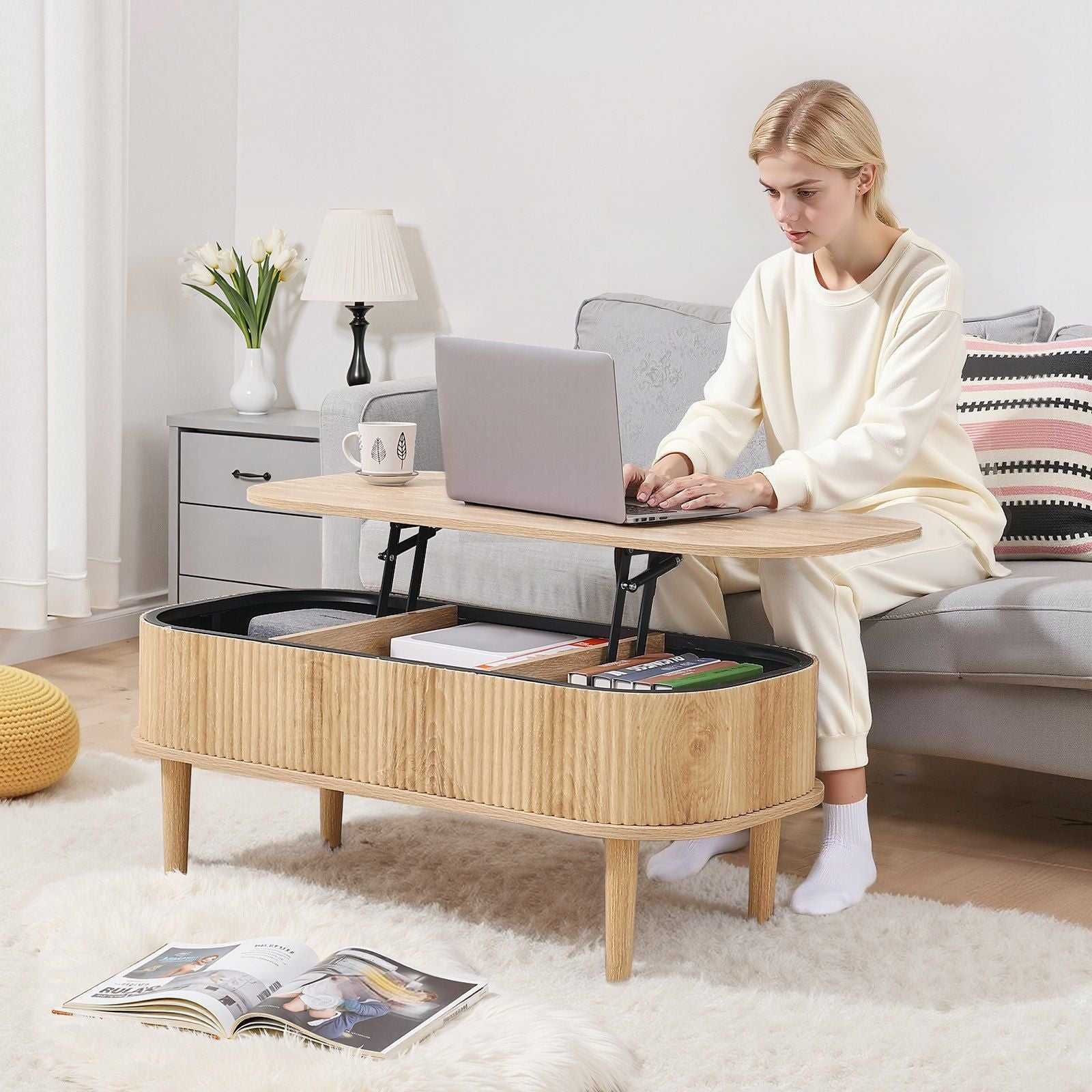 39.4 in Lift Top Coffee Table, Fluted Oval Coffee Table with 3 Hidden Compartment, Mid Century Wooden Oval Center Desk with Storage, Lift Up Tabletop for Home & Office, Easy Assembly, Burlywood - luxuryhomedecoridea.com