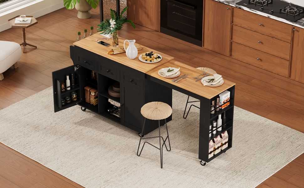 K&K 85.5" Kitchen Island with Extendable Dining Table, Kitchen Storage Table with 3 Side Open Shelves, Rolling Kitchen Island with Power Outlet, 3 Drawers, 2 Doors, for Kitchen, Dining Room, Black - luxuryhomedecoridea.com