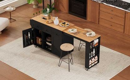 K&K 85.5" Kitchen Island with Extendable Dining Table, Kitchen Storage Table with 3 Side Open Shelves, Rolling Kitchen Island with Power Outlet, 3 Drawers, 2 Doors, for Kitchen, Dining Room, Black - luxuryhomedecoridea.com