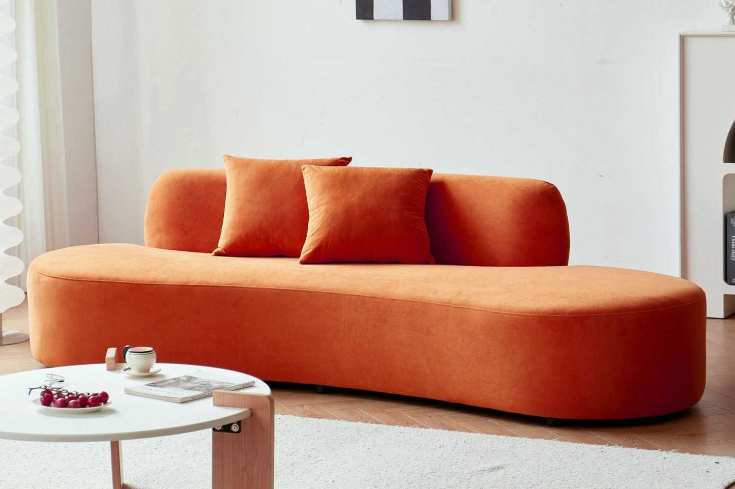 90" Curved Sofa with Throw Pillows, 4 Seater Luxury Velvet Couch with Half Moon Design and High-Density Foam, Ideal for Modern Living Room, Office & Apartment, Red Orange - luxuryhomedecoridea.com
