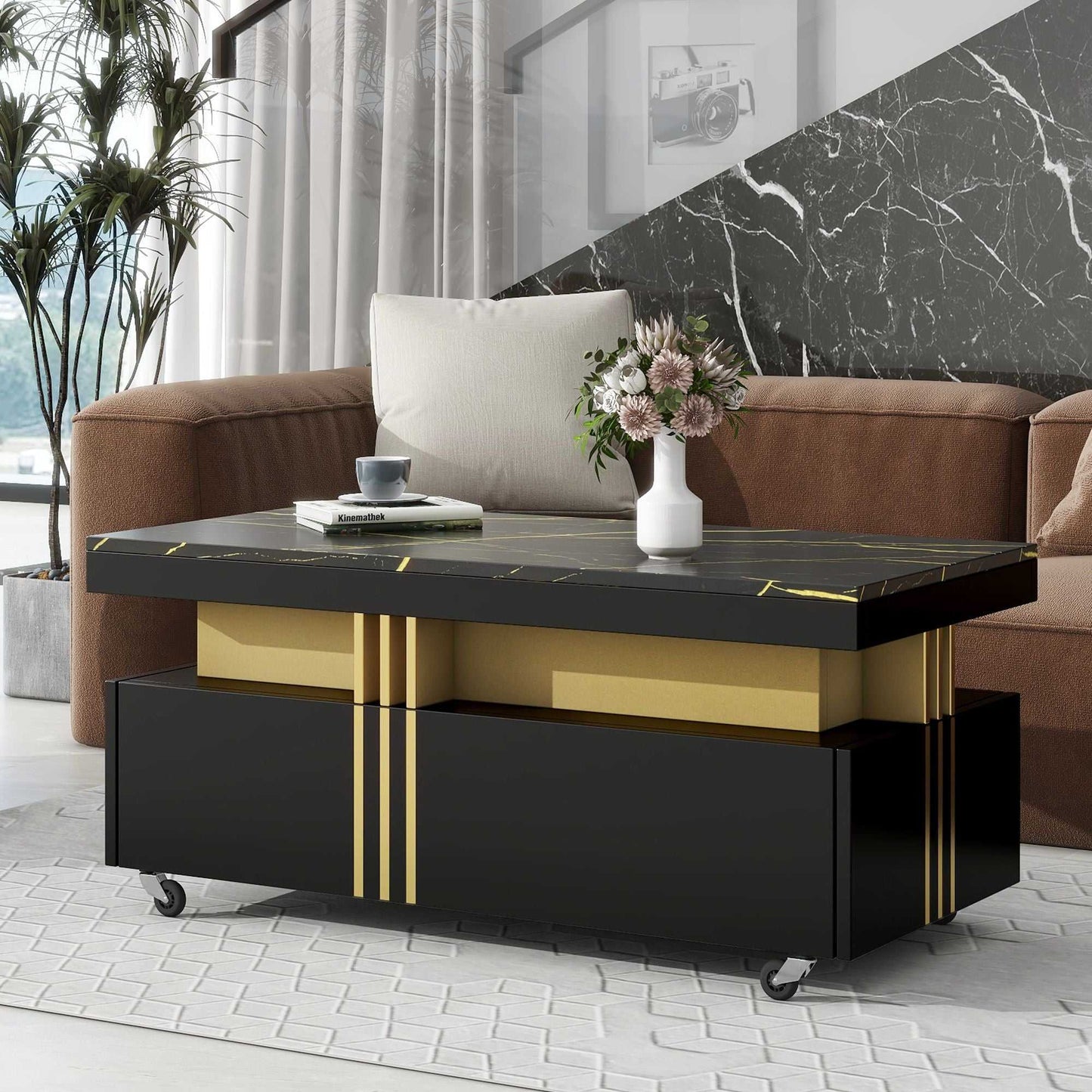 [VIDEO provided] ON-TREND Contemporary Coffee Table with Faux Marble Top, Rectangle Cocktail Table with Caster Wheels, Moderate Luxury Center Table with Gold Metal Bars for Living Room, Black - luxuryhomedecoridea.com