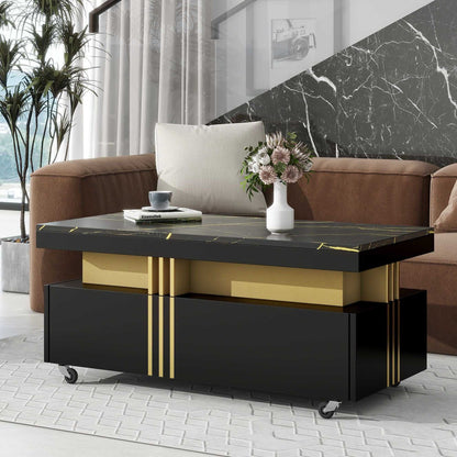 [VIDEO provided] ON-TREND Contemporary Coffee Table with Faux Marble Top, Rectangle Cocktail Table with Caster Wheels, Moderate Luxury Center Table with Gold Metal Bars for Living Room, Black - luxuryhomedecoridea.com
