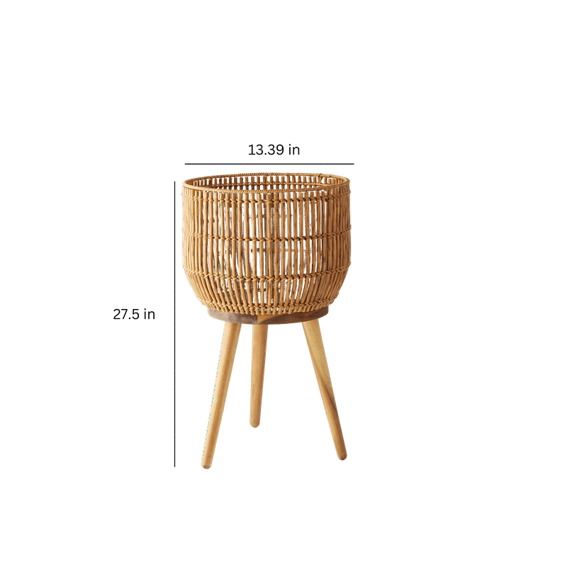 13 Inch Round Brown Resin Rattan Planter Stand with Acacia Wood Legs - luxuryhomedecoridea.com
