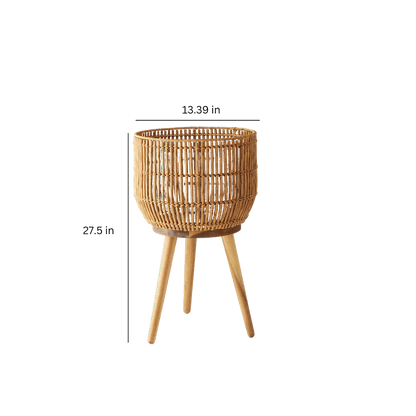 13 Inch Round Brown Resin Rattan Planter Stand with Acacia Wood Legs - luxuryhomedecoridea.com