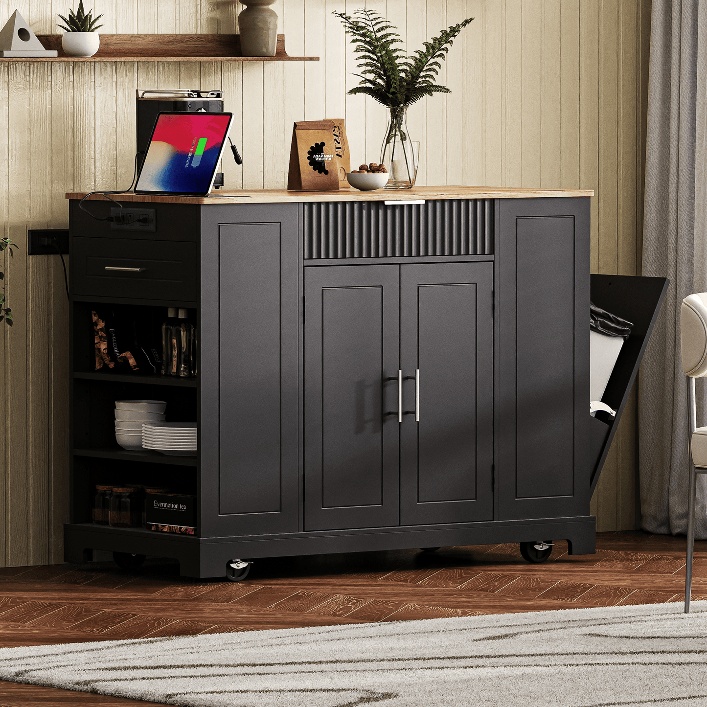 Fluted Kitchen Island with Trash Can Storage Cabinet, Power Outlet, Internal Storage Rack, Rolling Kitchen Islands on 5 Wheels with 3 Drawer, 3 Open Side Racks for 10 Gallon Garbage Bin - luxuryhomedecoridea.com