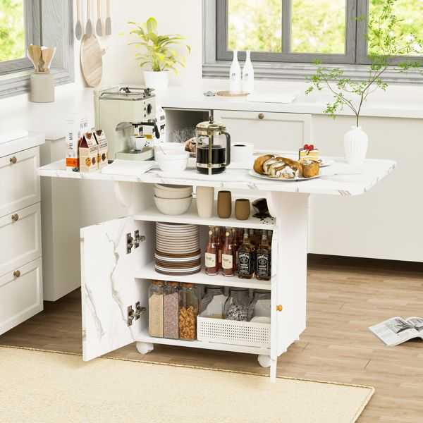 47" Wood Folding Dining Table with storage rack and cabinet, Removable Entryway Table with 6 Wheels, White Marble Color Kitchen Island, Side Table and Coffee Table Versatile Table Space Saving - luxuryhomedecoridea.com
