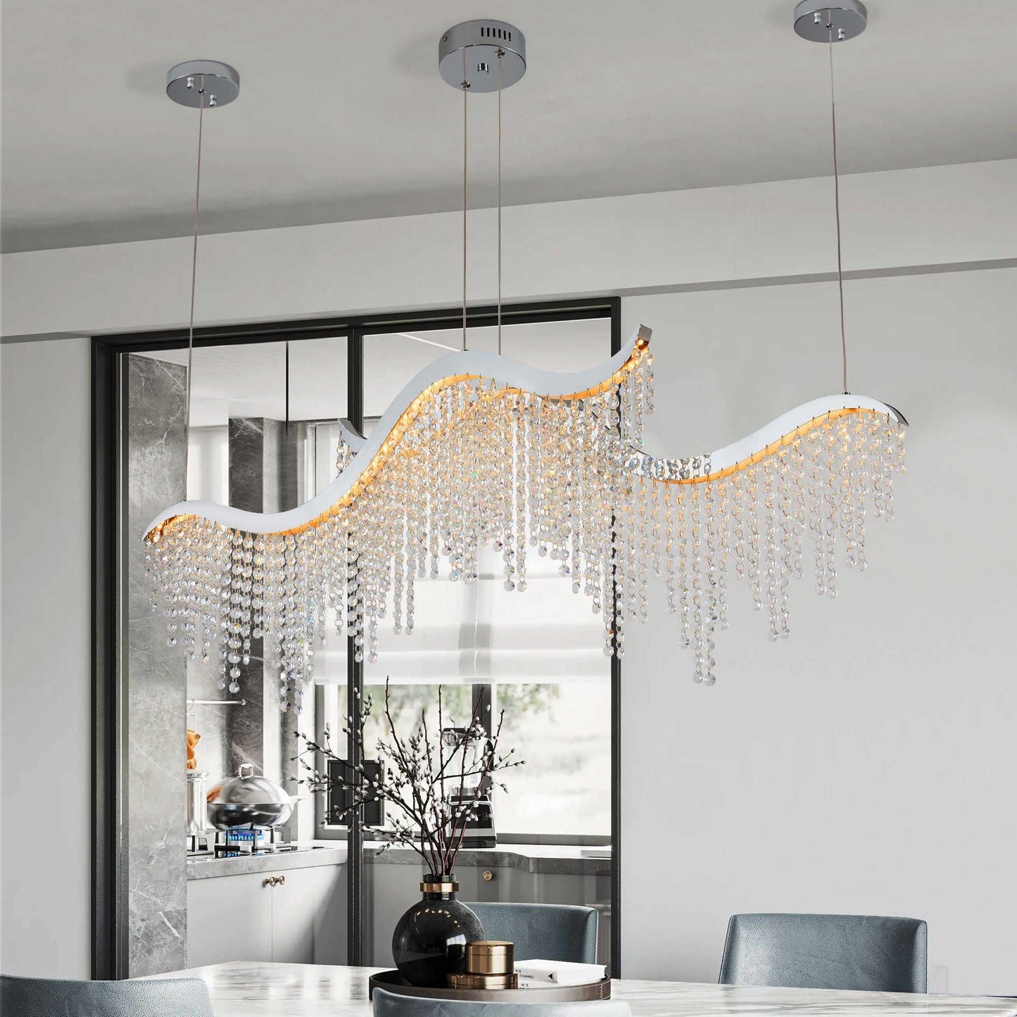 36-inch Modern Wave LED Crystal Chandelier - Adjustable Color Temperature 3000K/4000K/6000K - Adjustable Height - Elegant Chandelier for Living Room and Luxurious Space - luxuryhomedecoridea.com