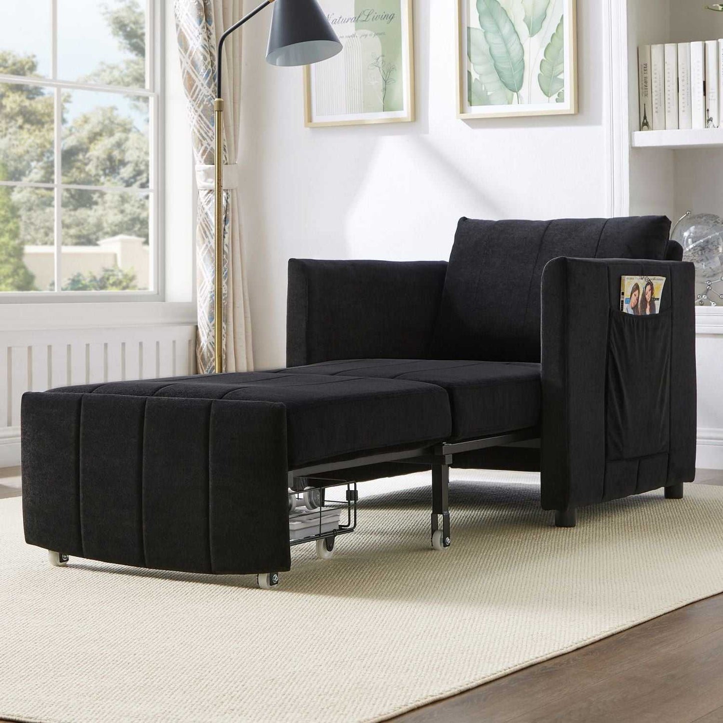 Upholstered Convertible Sleeper Sofa, 31.5" Pull Out Sofa Bed with 5-Position Adjustable Backrest, Side Pockets and a Storage Basket, Fold Out Chair Bed, Lounger For Living Room, Apartment, Black - luxuryhomedecoridea.com
