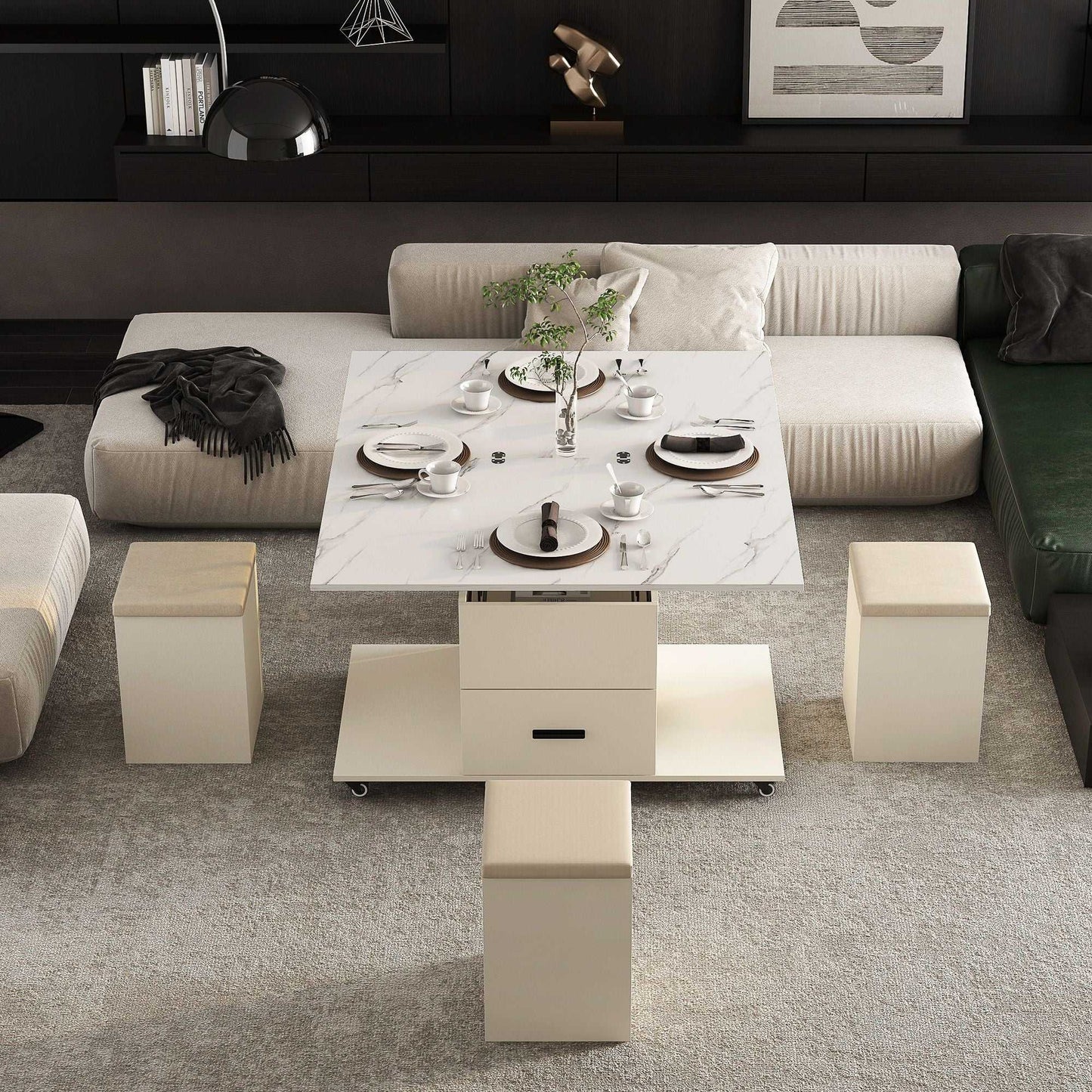 Modern Lift-Up Coffee Table with 4 Stools Set for Living Room Expandable 1 Hidden Storage + 2 Drawers Space Saving Folding Dining Table - luxuryhomedecoridea.com