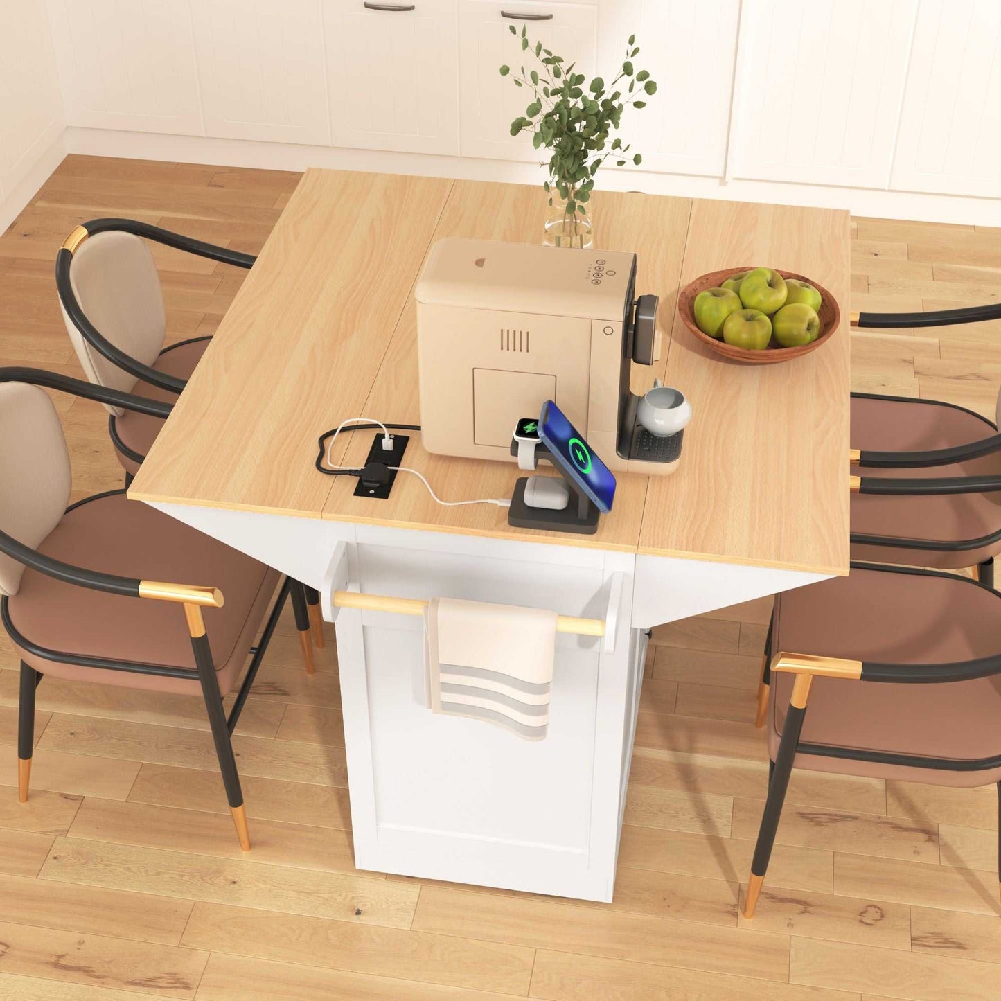 55.7" Large Kitchen Island with 2 Drop Leaf,Rolling Kitchen Cart on 5 Wheels with Power Outlet, Folding Storage Dining Table with Spice & Towel Rack , 3 Drawers, for Kitchen, Dining Room - luxuryhomedecoridea.com