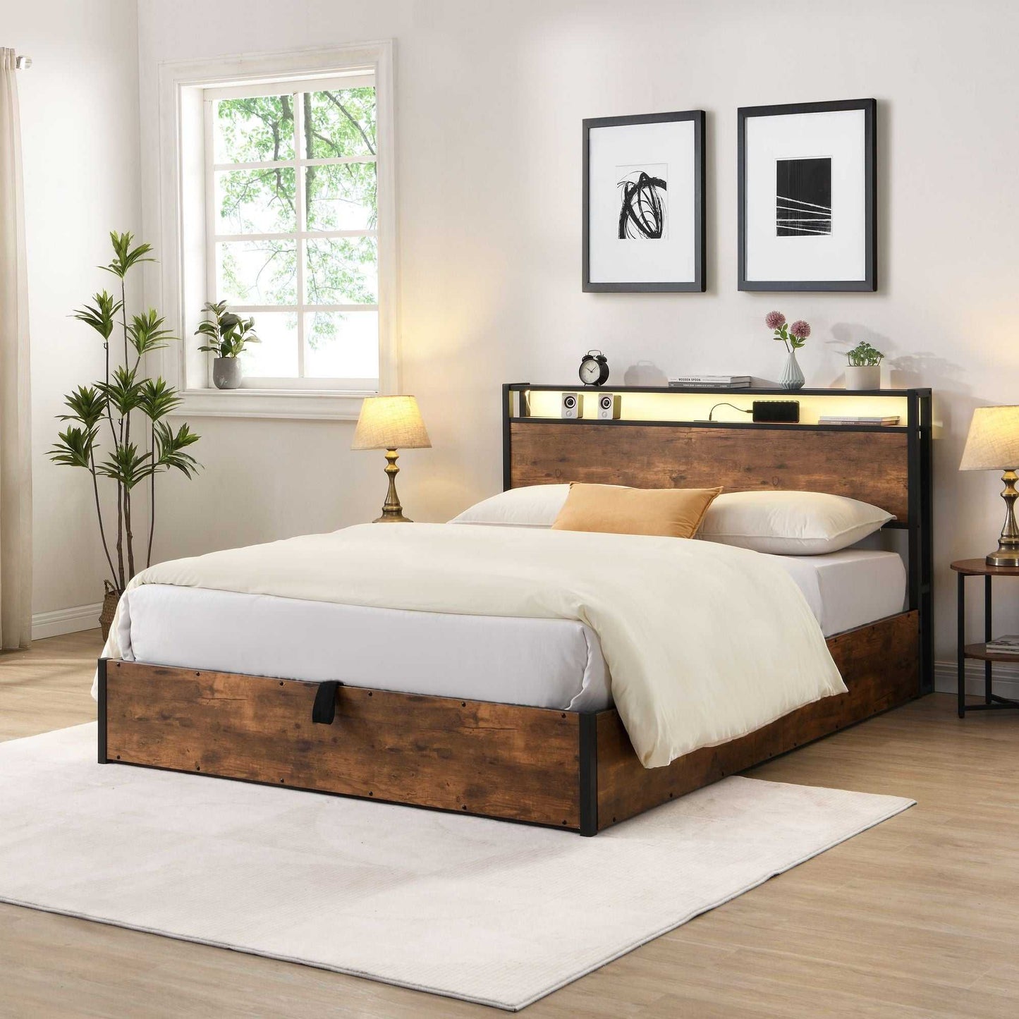 Lift-up Storage Bed Frame, Full Size Bed Frame with Bookcase Headboard & LED Lights, Wooden Platform Bed Frame with Charging Station, No Spring Box Needed, Rustic Brown - luxuryhomedecoridea.com