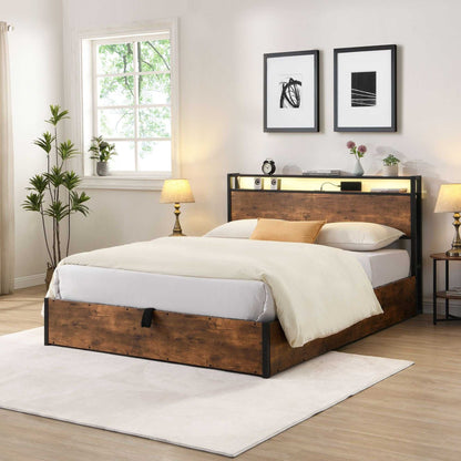 Lift-up Storage Bed Frame, Full Size Bed Frame with Bookcase Headboard & LED Lights, Wooden Platform Bed Frame with Charging Station, No Spring Box Needed, Rustic Brown - luxuryhomedecoridea.com